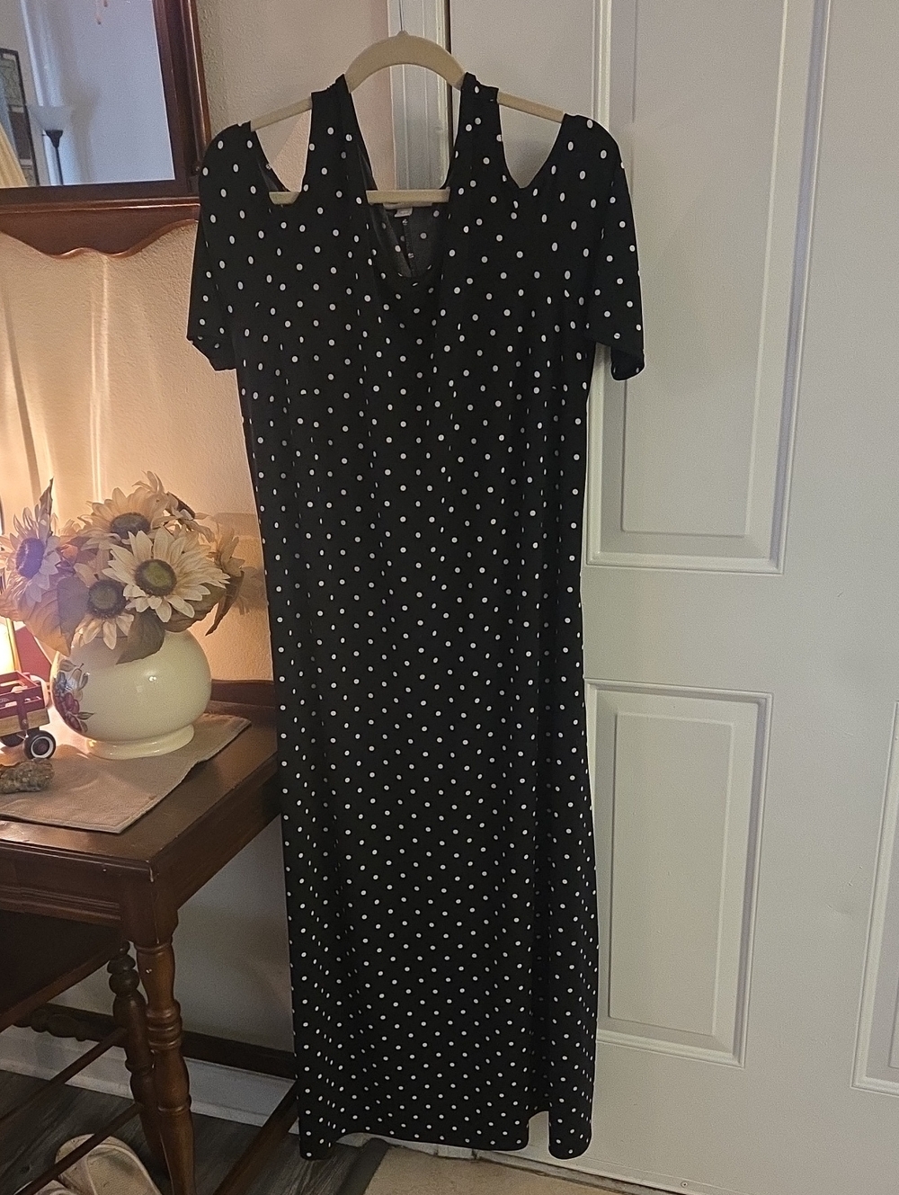 Woman Within Black Maxi Dress with White Polka Dots